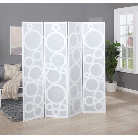 Arvada 4-Panel Wood Room Divider with Circle Pattern, White,