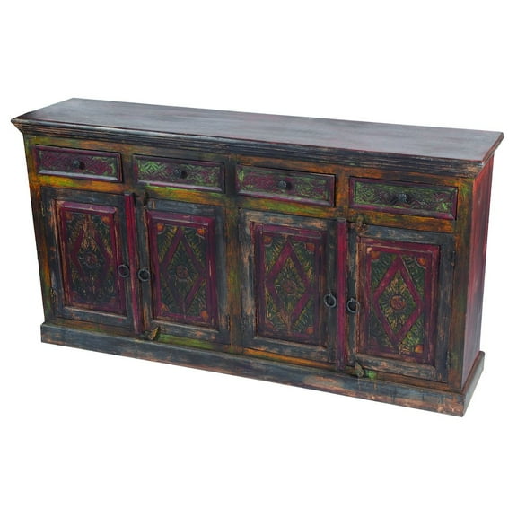 Arvada Mango Solid Wood 4 Door 4 Drawer Hand-Carved Buffet in Brown