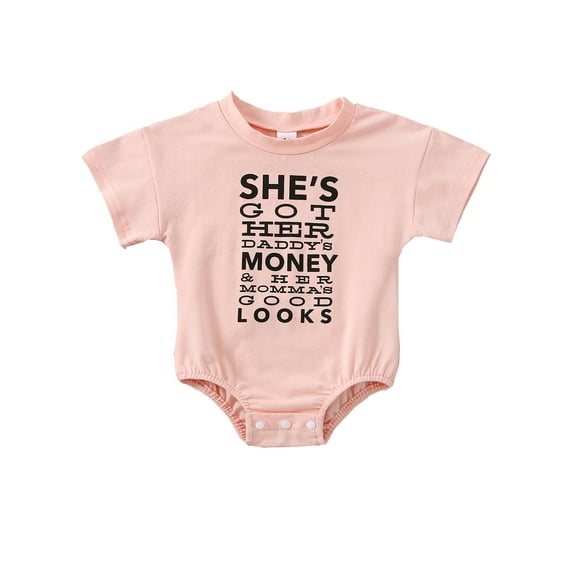 Arvbitana 0-24 Months Infant Baby Girl Summer Romper Cartoon Letter Print Short Sleeve Round Neck Snap Closure Jumpsuit