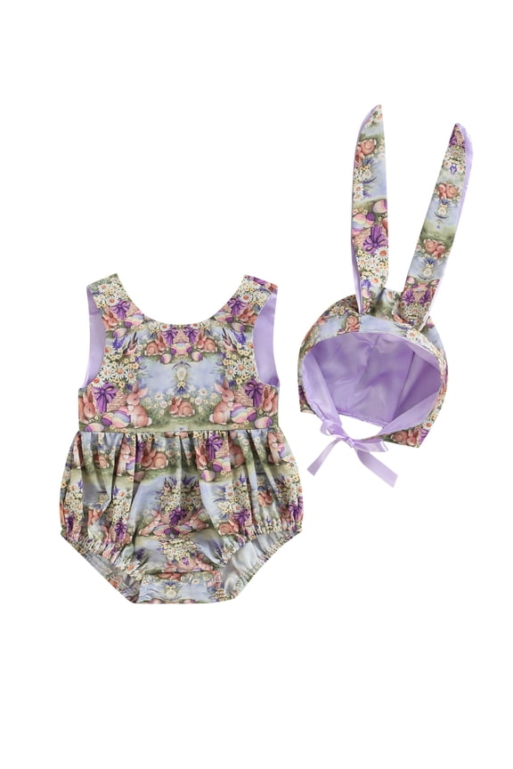 0-24 Months Newborn Baby Girl Easter Romper Rabbit Print Sleeveless Backless Bodysuit Outfits with Tie Up Ear Hat