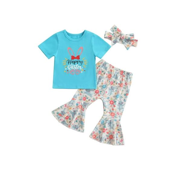 Arvbitana 0-3 Years Infant Baby Girl Easter Outfits Shirts Bunny T-Shirt Flare Pants Headband 3Pcs Spring Summer Clothes Set