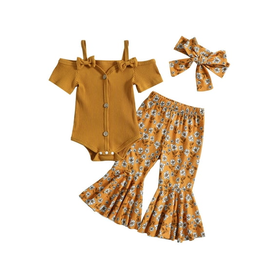 Arvbitana 0M 3M 6M 12M 18M 24M Infant Baby Girls Pants Set Short Sleeve Bowknot Romper with Floral Flare Pants and Headband 3Pcs