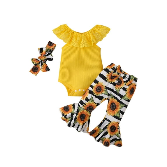 Arvbitana 0M 3M 6M 12M 18M Baby Girl Clothes Suits Solid Color Lace Ruffles Boat Neck Sleeveless Romper Floral Print Flare Pants Headband 3Pcs Set