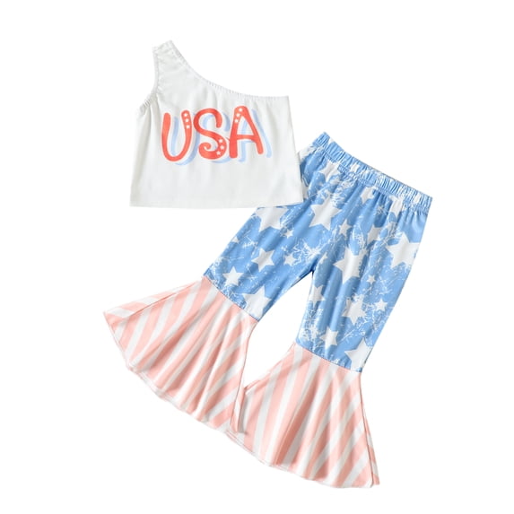 Arvbitana 1T 2T 3T 4T 5T Toddler Girls 4th of July Outfits Summer Letter Print One Shoulder Tank Tops and Elastic Star Stripe Flared Pants Set 2Pcs