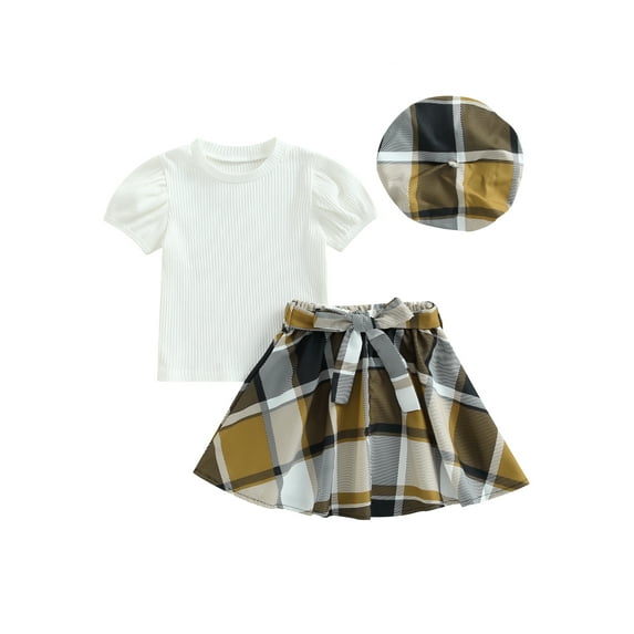 Arvbitana 2PCS Little Girls Summer Clothes Short Sleeve Tops + Plaid Skirt + Beret Hat Set Toddler Outfit 3-7 Years