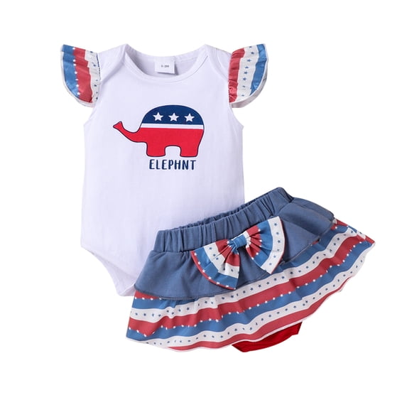 Arvbitana 2Pcs Baby Girl 4th of July Outfit Elephant Print Ruffled-Sleeve Romper + Stripe Pant Skirt for Infant Girls 0-12 Months Independence Day
