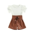 thumbnail image 1 of Arvbitana 2Pcs Toddler Baby Girls Summer Outfits Ruffle Short Sleeve Ribbed T-Shirt Tops High Waist Pu Leather Shorts Set, 1 of 9