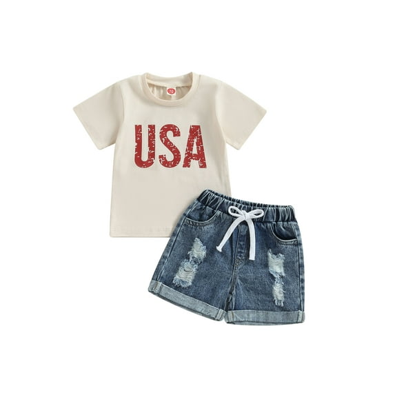 Arvbitana 3M 6M 12M 18M 24M 3T Infant Baby Girl 4th of July Clothes Letter Print Short Sleeve T-Shirt Top Ripped Denim Shorts Outfit Set 2Pcs