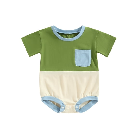 Arvbitana Baby Boy Contrast Color Romper Short Sleeve Crew Neck Sweatshirt Bodysuit Summer Loose Triangle Bottom Jumpsuit with Pocket for Casual Daily 0-24M