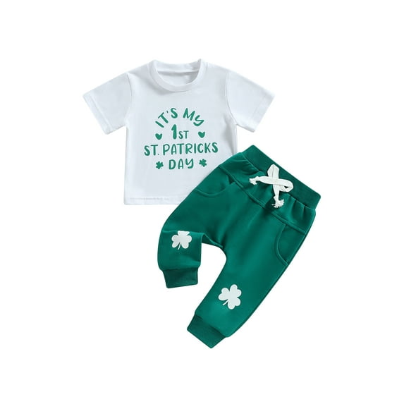Arvbitana Baby Boy St. Patrick's Day Outfits Letter Print Short Sleeve Tops + Shamrock Jogger Pants Spring Summer Tracksuit Set for Kids 2Pcs 3M-3T