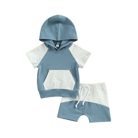Arvbitana Baby Boys Contrast Color Sportswear Short Sleeve Hooded Tops with Pocket + Drawstring Short Pants Summer Casual Loose Outfits for Kids 2Pcs 0-3T