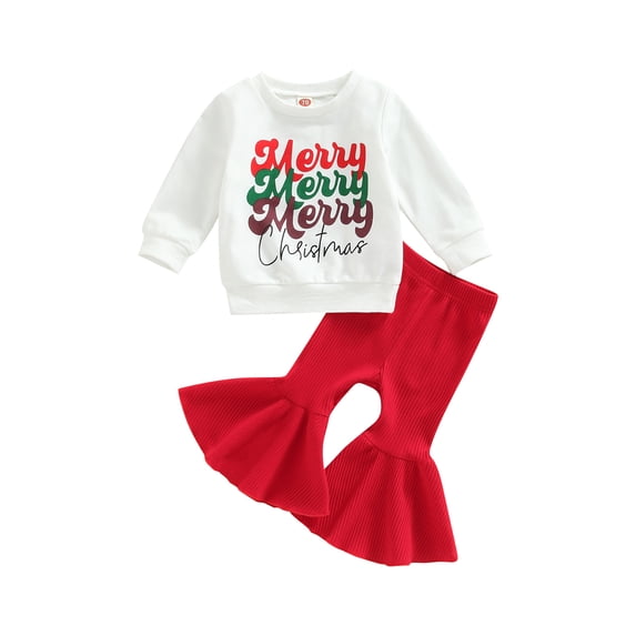 Arvbitana Baby Girl Christmas Pants Suit Letters Print Round Neck Long Sleeve Shirt + Knitted Flare Trousers Casual Outfits for Kids 2Pcs 0-3T