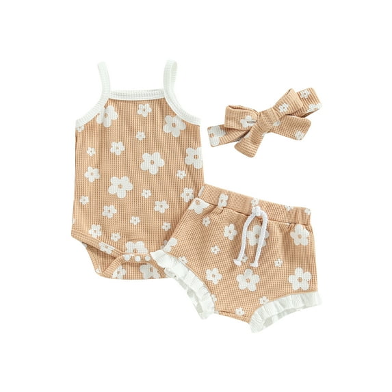 Arvbitana Baby Girl Summer Rompers Set Floral Print Sleeveless Spaghetti Straps Bodysuit + Drawstring Ruffle Shorts + Headband Casual Soft Jumpsuit Outfits 3Pcs 0-18M