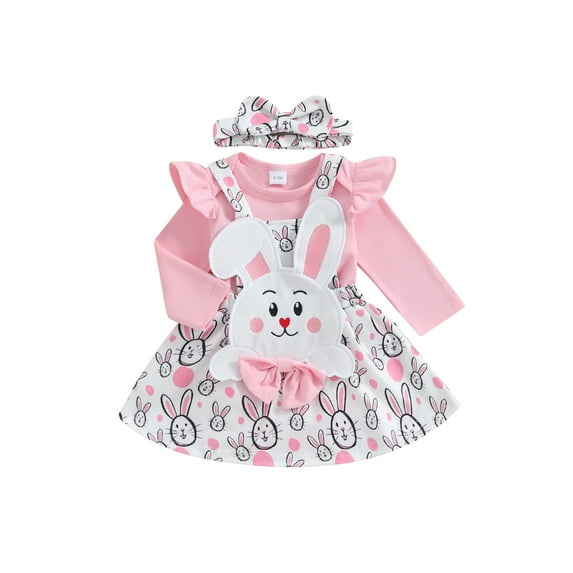 Arvbitana Baby Girls Cute Easter 3Pcs Outfits Ruffle Long Sleeve Romper + Bunny/Egg Print Suspender Skirt + Headband 3M 6M 9M 12M 18M Newborn Infant Cute Clothes Set