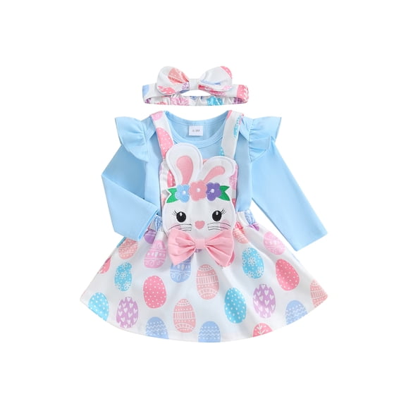 Arvbitana Baby Girls Cute Easter 3Pcs Outfits Ruffle Long Sleeve Romper + Bunny/Egg Print Suspender Skirt + Headband 3M 6M 9M 12M 18M Newborn Infant Cute Clothes Set