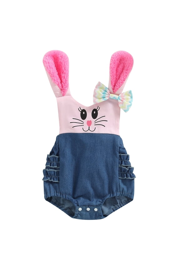 Baby Girls Easter Romper Sleeveless Cartoon Print Patchwork Rabbit Ears Bow Frills Bodysuits Summer Cute Jumpsuits Tops for Newborn 0-24M
