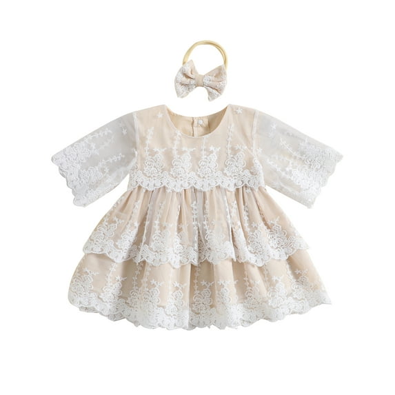Arvbitana Baby Girls Half Sleeve Round Neck Casual Dresses + Bow Headband Summer Lace Mesh A-line Party Princess Dress 6M-4T