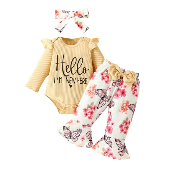 Arvbitana Baby Girls Jumpsuit Outfits Long Sleeve Letter Print Romper + Butterfly Floral Print Flared Pants + Headband 3M 6M 9M 12M 18M Newborn Infant Cute Clothes