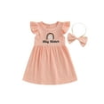 thumbnail image 1 of Arvbitana Baby Girls Pink Casual Dresses + Bow Headband Toddler Girl Flying Sleeve Letter Rainbow Print Party A-line Dress 12M-5T, 1 of 8