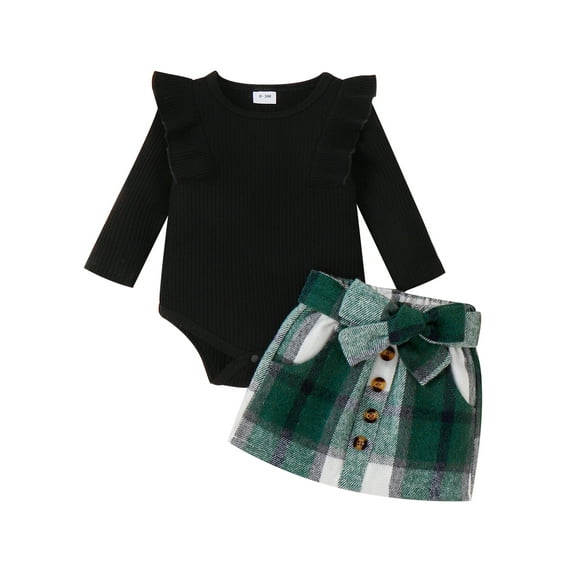 Arvbitana Baby Girls Skirt Sets Long Sleeve Knitted Ruffle Solid Color Romper + Plaid Skirt with Belt Autumn Winter Warm Outfit for Infant 2Pcs 0-18M