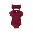 thumbnail image 1 of Arvbitana Baby Girls Solid Color Romper Set Short Sleeve Round Neck Ribbed  Bodysuit + Bow Headband Summer Elegant Princess Outfits 2Pcs 0-18M, 1 of 8