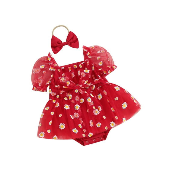 Arvbitana Baby Girls Sweet Romper Dress Short Puff Sleeve Daisy Print Bodysuit Tulle Dress with Bow Headband 3M 6M 12M 18M Newborn Infant Cute Princess Clothes