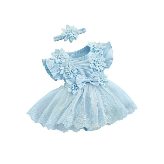 Arvbitana Baby Girls Sweet Romper Dress Sleeveless Flower Mesh Lace Patchwork Ruffle Bodysuit with Headband 3M 6M 12M 18M Cute Summer A-line Princess Dress