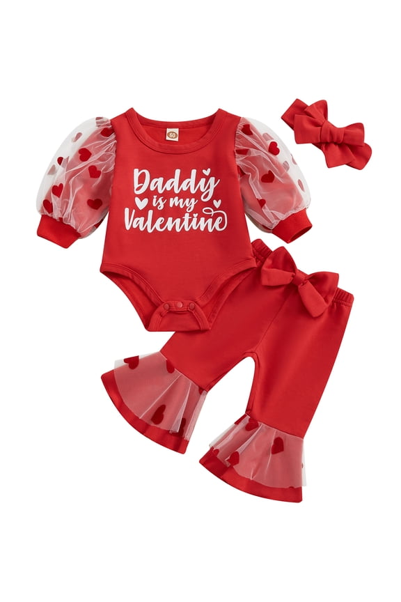 Baby Girls Valentine Sets Long Sleeve Letter Print Romper + Mesh Heart Print Flare Pants + Headband 3Pcs Outfits Infant Cute Casual Clothes 3M 6M 9M 12M