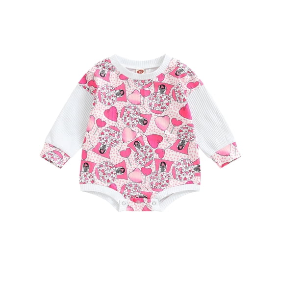 Arvbitana Baby Girls Valentine's Day Romper Romantic Print Ribbed Long Sleeves Bodysuit Spring Casual Loose Jumpsuits Tops for Infant 0-24M