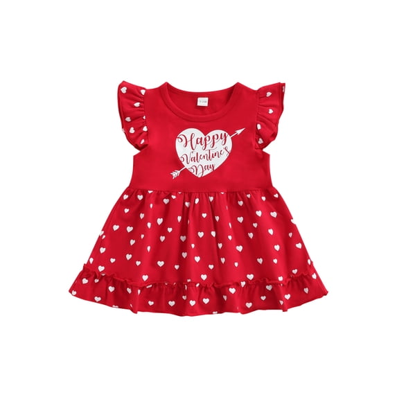 Arvbitana Baby Girls Valentine’s Dress Fly Sleeve Letter Heart Print Ruffle Hem Dresses for Infant 6-24 Months