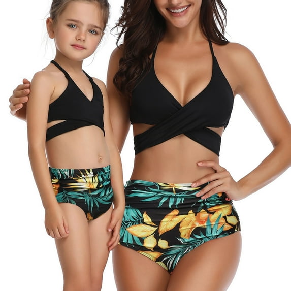 Arvbitana Family Matching 2Pcs Tankini Set Solid Color V-Neck Cross Camisoles + Leaves Printed Panties Casual Bathing Suit Swimwear Beachwear for Daughter Mom