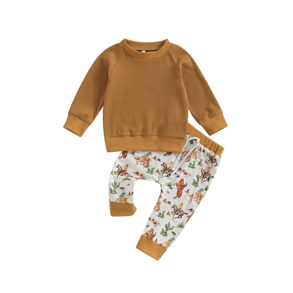 Arvbitana Infant Baby Boys 2Pcs Western Clothes Long Sleeve Sweatshirt and Elastic Cattle Pattern Long Pants Set for Toddler Autumn Outfits 0M 6M 12M 18M 24M 2T 3T