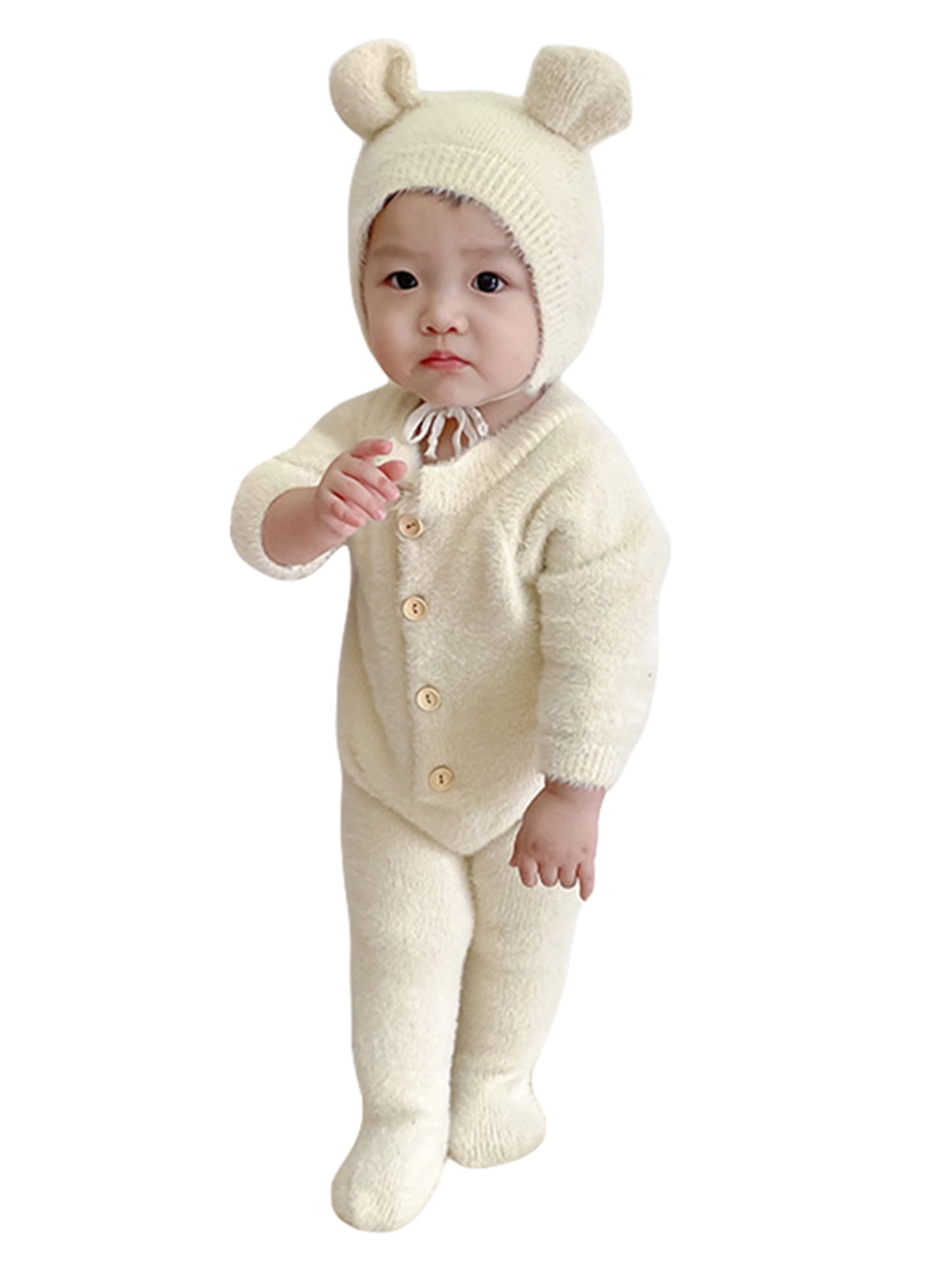 Arvbitana Infant Baby Girl Boy Plush Jumpsuit Long Sleeve Round Neck Button Closure Solid Color Playsuit  + Hat Winter Warm One Pieces Clothes for Infant 2Pcs 0-24M