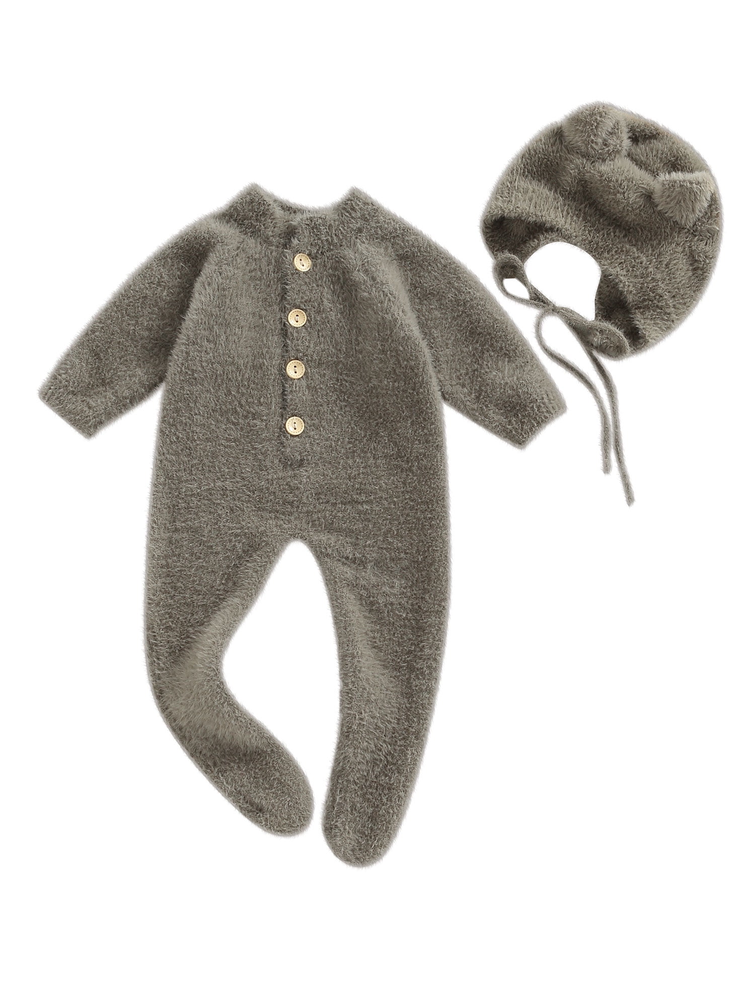 Arvbitana Infant Baby Girl Boy Plush Jumpsuit Long Sleeve Round Neck Button Closure Solid Color Playsuit  + Hat Winter Warm One Pieces Clothes for Infant 2Pcs 0-24M