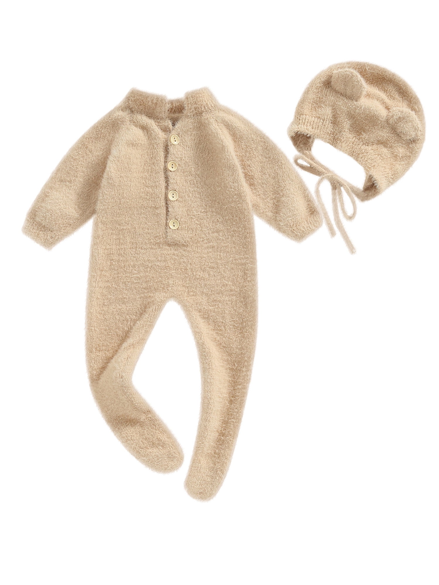 Arvbitana Infant Baby Girl Boy Plush Jumpsuit Long Sleeve Round Neck Button Closure Solid Color Playsuit  + Hat Winter Warm One Pieces Clothes for Infant 2Pcs 0-24M