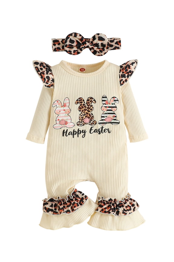 Infant Baby Girl Easter Jumpsuit Outfits Letter Rabbit Print Long Sleeves Ruffle Ribbed Playsuit + Bow Headband Casual Overalls Set 2Pcs 0-18M