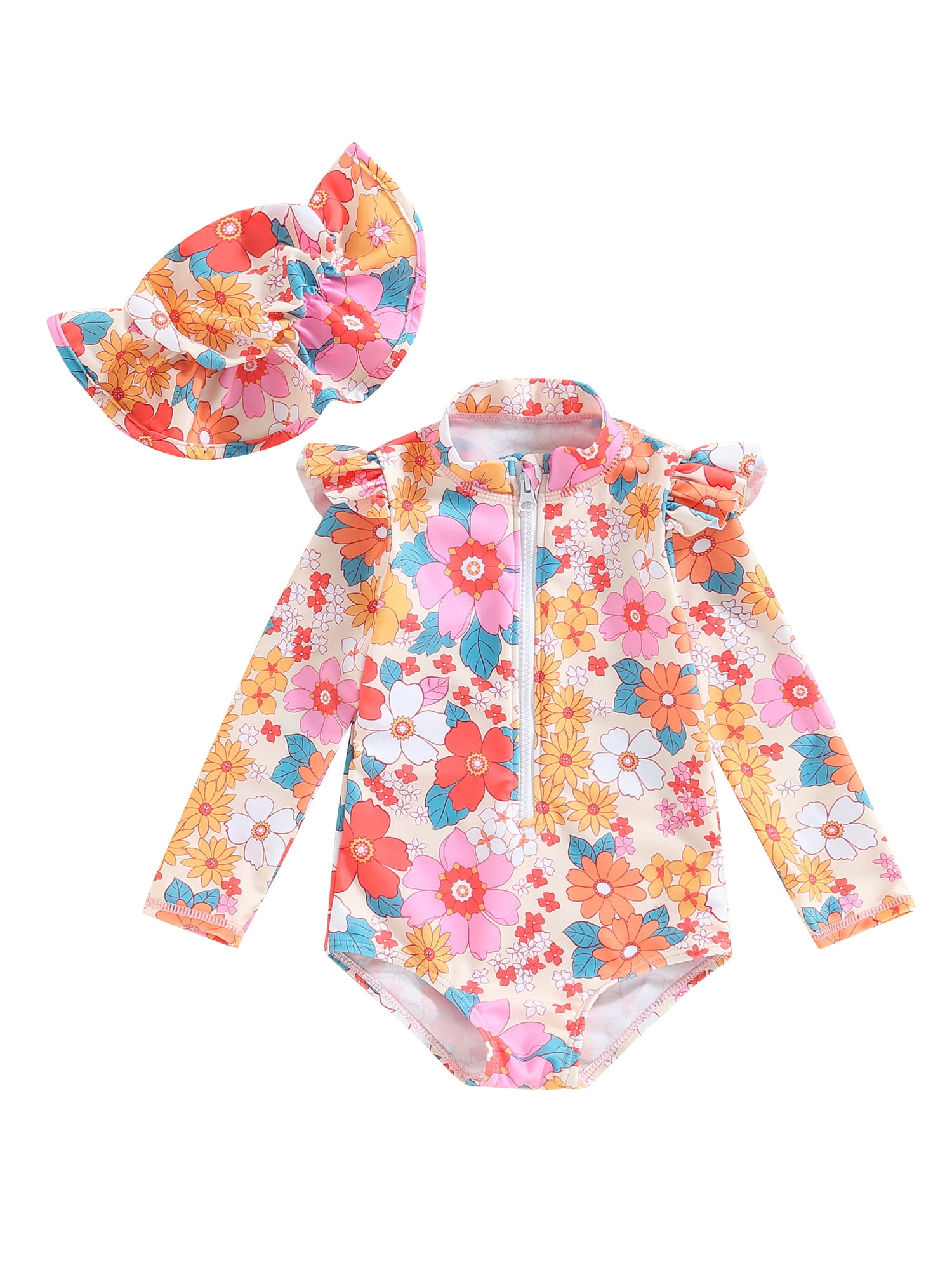 Arvbitana Infant Baby Girl Swimsuit Ruffle Long Sleeve Zipper Floral ...