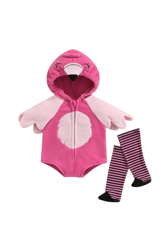 Infant Baby Girls 2Pcs Outifits Flamingo Long Sleeve Hooded Zipper Romper with Wings and Striped Socks Newborn Clothes 6M 12M 18M 24M