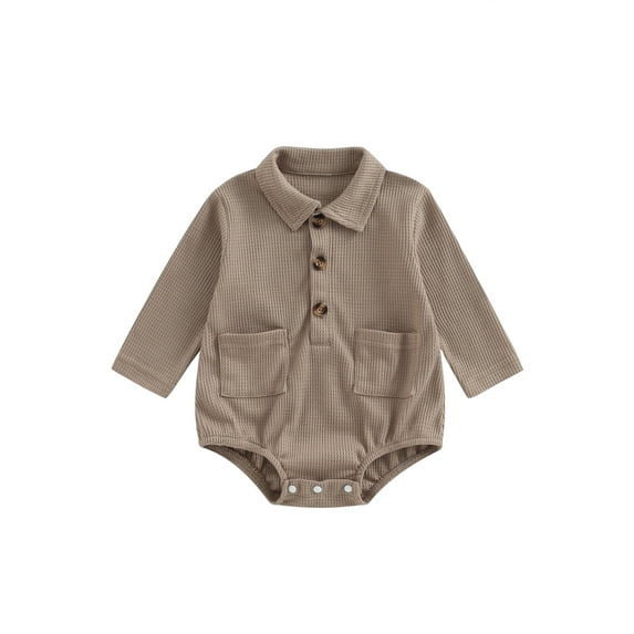 Arvbitana Infant Baby Girls Casual Shirt Rompers with Pocket Solid Color Lapel Long Sleeve Button Jumpsuits Baby Bodysuits 0-24M