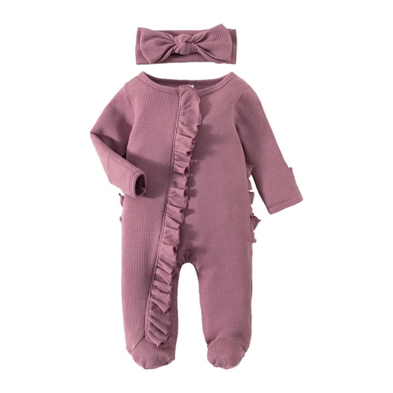 Arvbitana Infant Baby Girls Footies Romper Solid Color Long Sleeve Frills Jumpsuits with Bow Headband Newborn Clothes Bodysuits 0M 3M 6M 12M