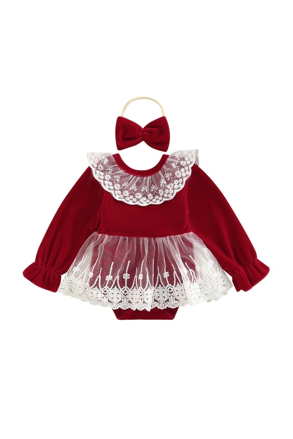 Infant Baby Girls Velvet Romper Long Sleeve Round Neck Lace Patchwork Jumpsuits Tops + Bowknot Headband Princess Holiday Outfit 2Pcs 0-24M