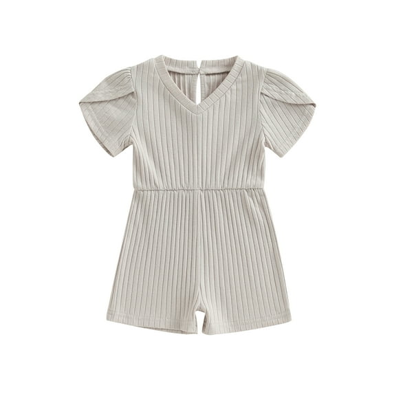 Arvbitana Infant Toddler Girls Short Sleeve V-neck Overalls Ribbed Rompers Casual Solid Color Jumpsuit Summer Baby Bodysuits 6M-4T
