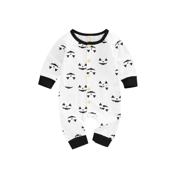 Arvbitana Infants Baby Halloween Jumpsuit Cartoon Printed Buttons Round Neck Long Sleeve Long Romper with Pockets