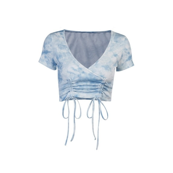 Arvbitana Ladies Tie Dye Crop Tops Short Sleeve V Neck Drawstring Blouse Women Slim Fit Pullover Streetwear