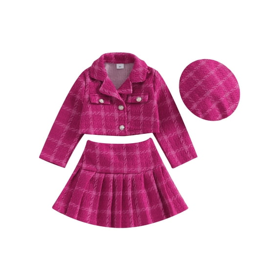 Arvbitana Little Girls Skirts Sets Plaid Print Lapel Long Sleeve Button Coat + Pleated Skirt + Beret 3Pcs Sweet Outfits Toddler Kids Casual Fall Winter Clothes 4T 5T 6T 7T