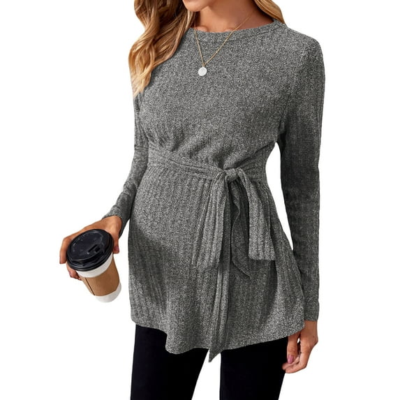 Arvbitana Maternity Long Sleeve Shirt Solid Color Tie Knot Front Ribbed Knit Tops Casual Loose T-shirts Fall Warm Pregnancy Clothes