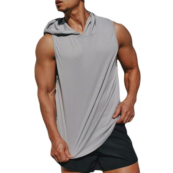 Arvbitana Men Quick Dry Hooded Tank Sleeveless Solid Color Fitness Training Muscle Gym Sports Vest Top Summer Shirt