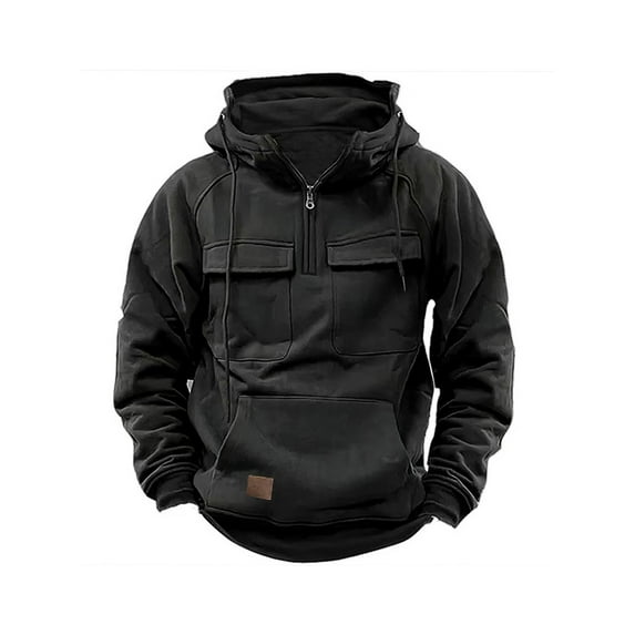 Arvbitana Men's Quarter Zip Hood Pullovers Solid Color Long Sleeve Loose Hoodies Drawstring Hooded Sweatshirt with Multi-Pocket Streetwear Workout