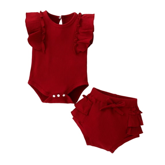 Arvbitana Newborn Baby Girls 2Pcs Solid Color Outfits Crew Neck Ribbed Romper + Elastic Layered Ruffles Shorts 6M 12M 18M 24M Infant Toddler Summer Clothes