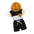 thumbnail image 1 of Arvbitana Toddler Baby Boy Summer Clothes Short Sleeve Contrast Color Hooded T-shirt + Elastic Waist Shorts 2Pcs Outfits 6M 12M 18M 24M 3T Infant Casual Short Pants Sets, 1 of 9